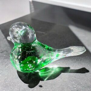 Vintage Italian Art Glass Green Bird Figurine With Small Bubbles Polished Bottom